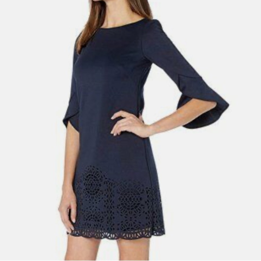 Vince Camuto Women's Scuba Tulip Sleeve Shift Dress w/Laser Cut Hem Navy Size 10